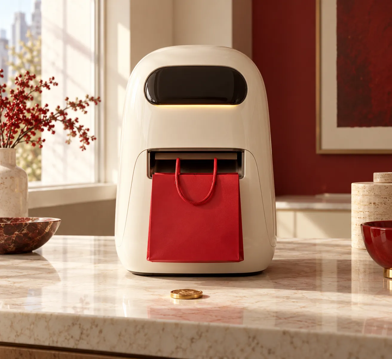 Cream AI assistant machine dispensing a red shopping bag beside a gold coin