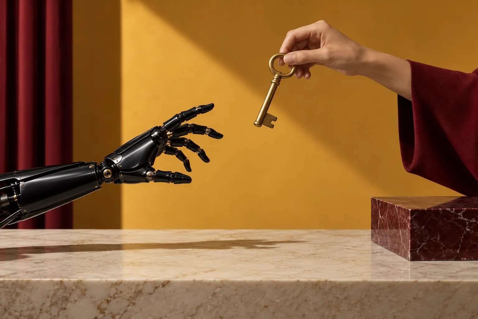 Human hand keeping a brass key just beyond the reach of a black robotic hand