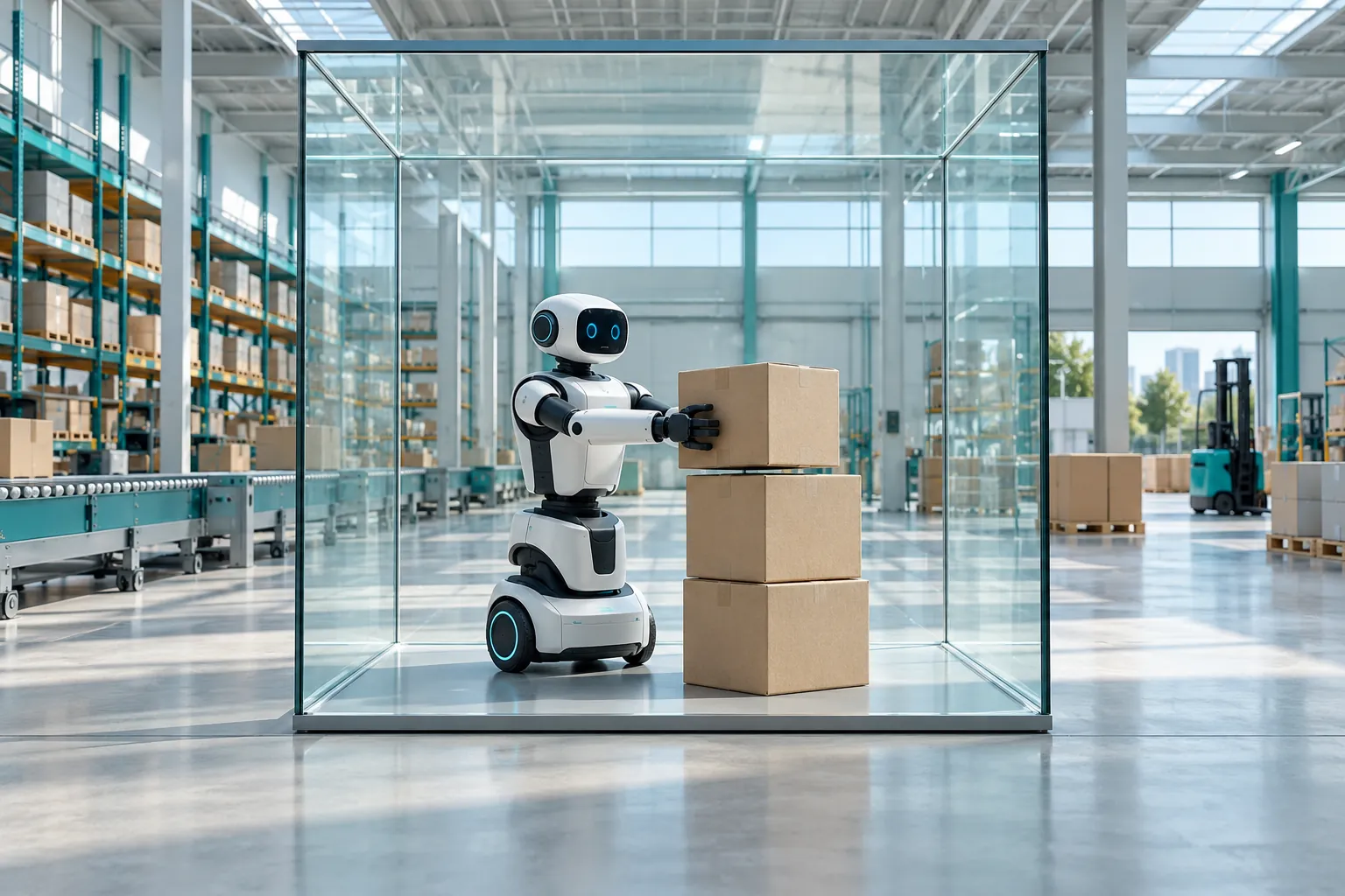 Service robot stacking plain parcels inside a transparent glass cube in a warehouse