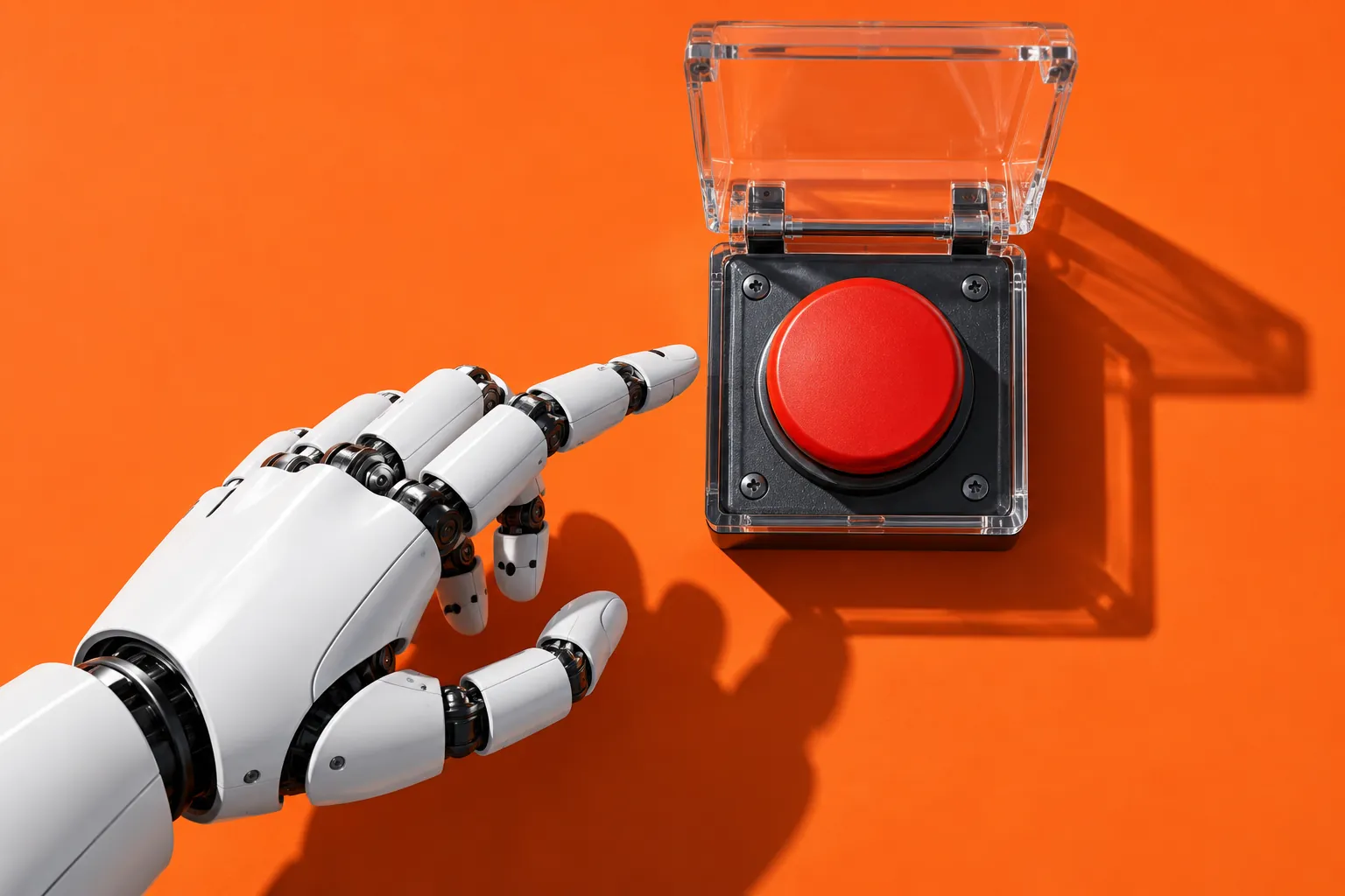 White robotic hand approaching a red control button beneath a transparent safety cover