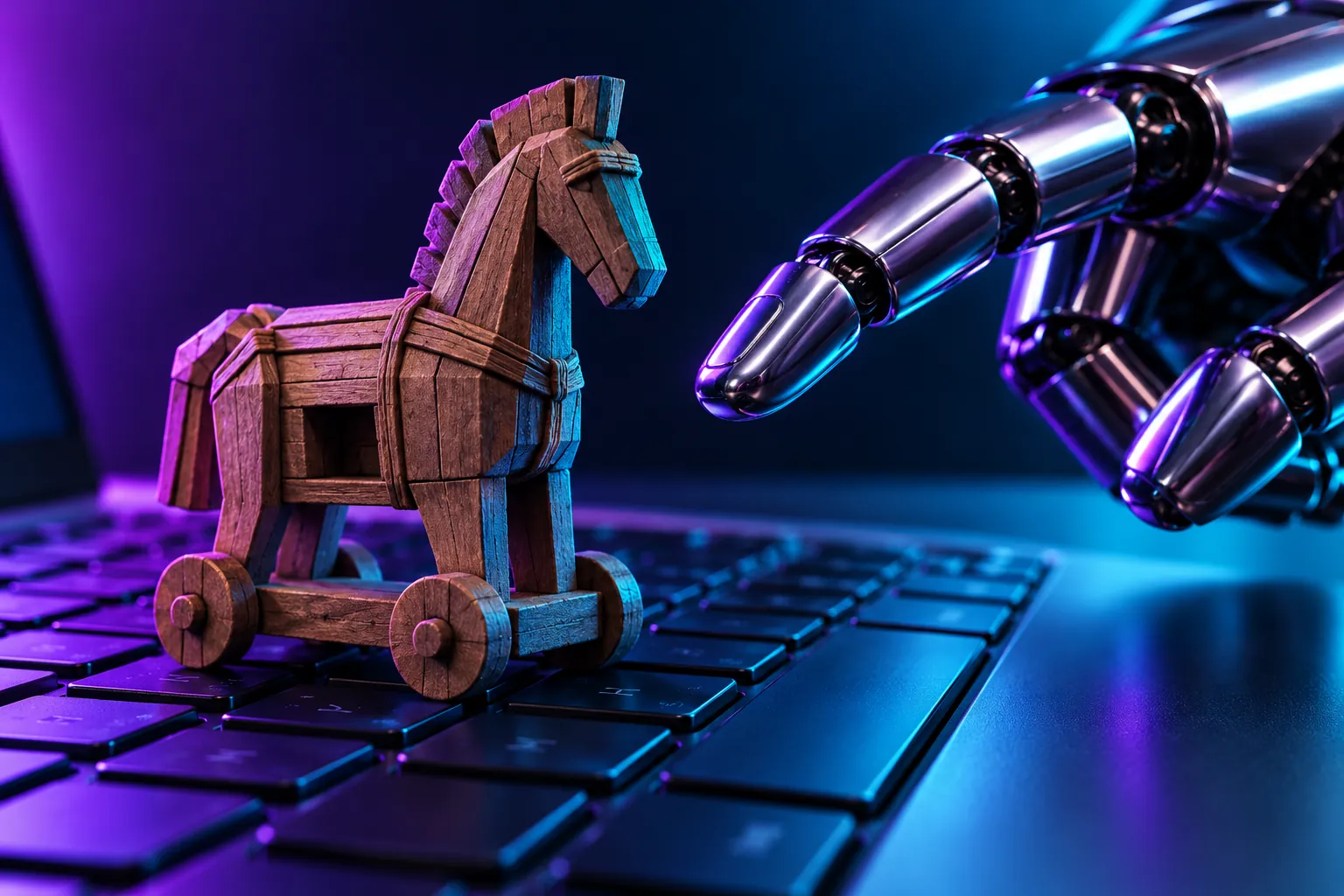 Wooden Trojan horse on a computer keyboard beside a chrome robotic finger