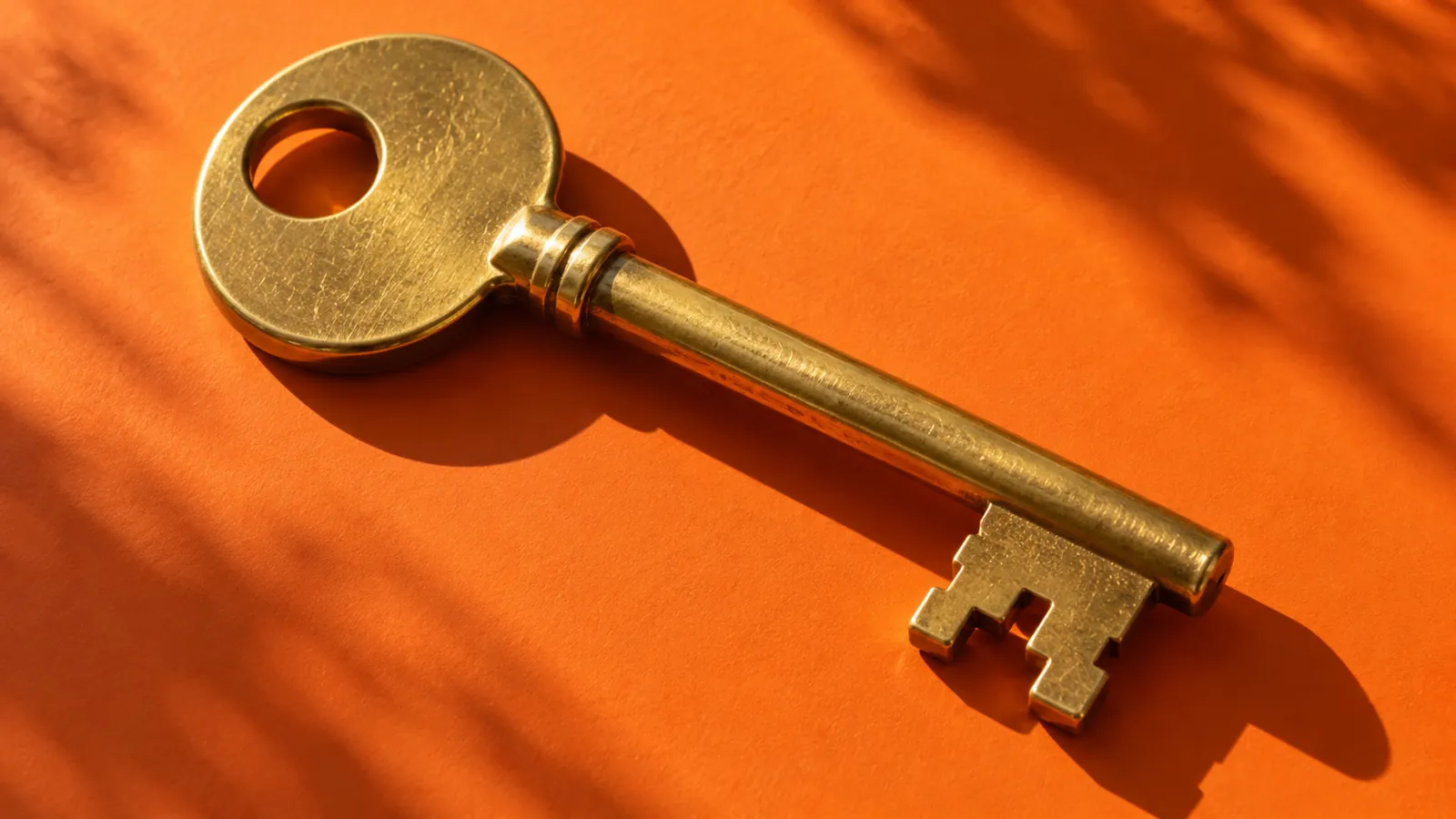 Brass door key casting a crisp shadow across a sunlit orange surface