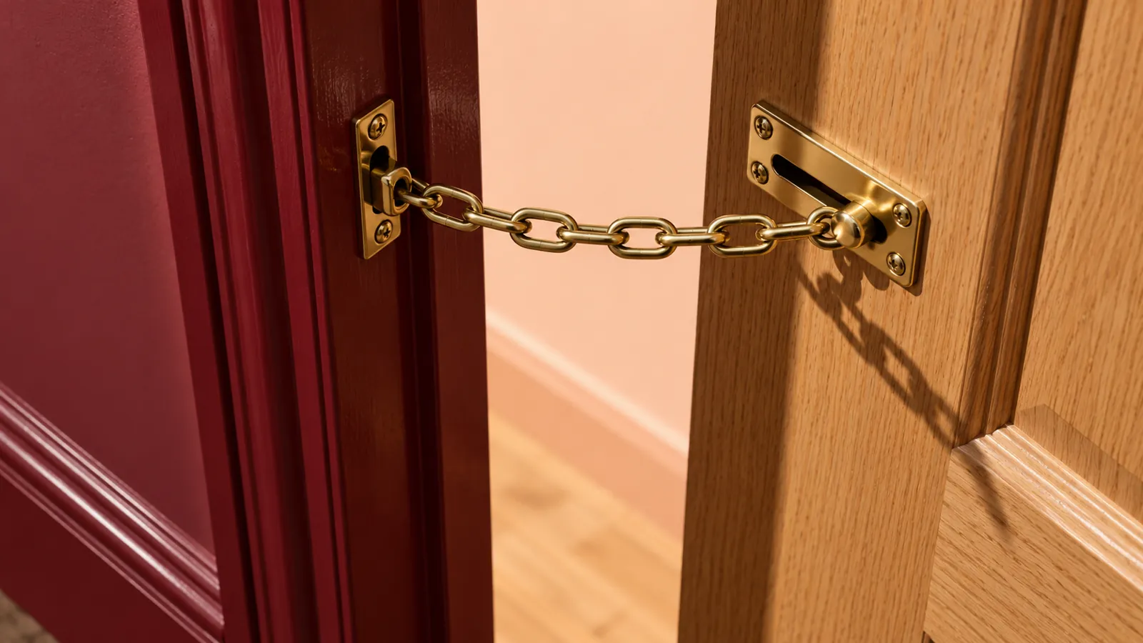 Brass security chain across the gap between an oak door and burgundy frame