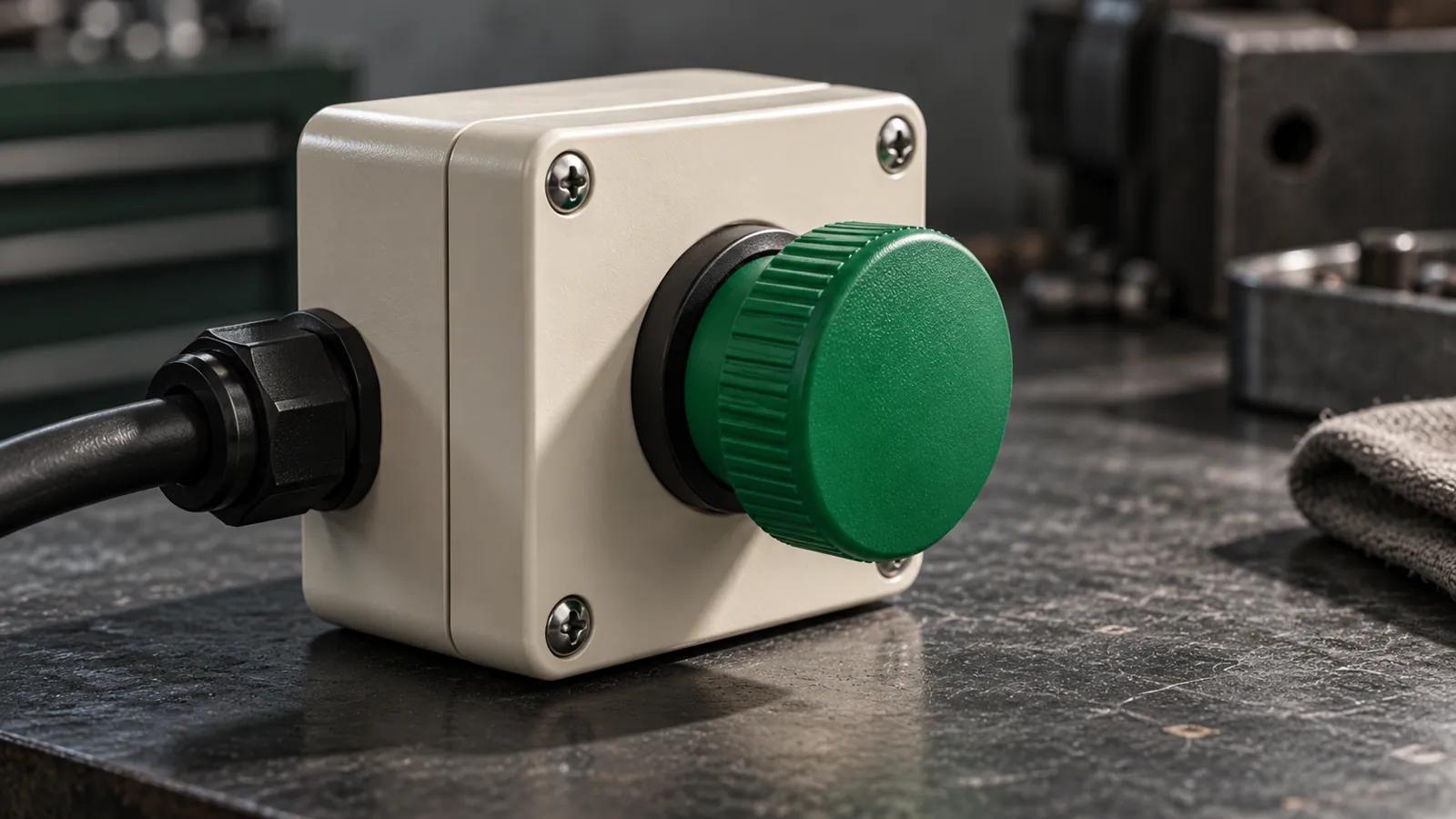 Green industrial pushbutton on a cream control box on a dark workbench