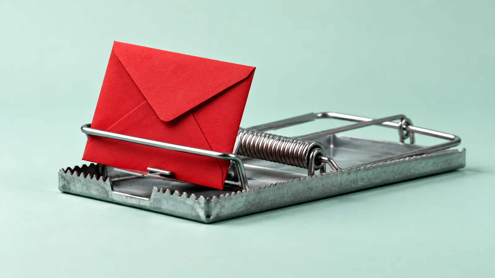 Red envelope caught in a silver mousetrap on a pale mint background