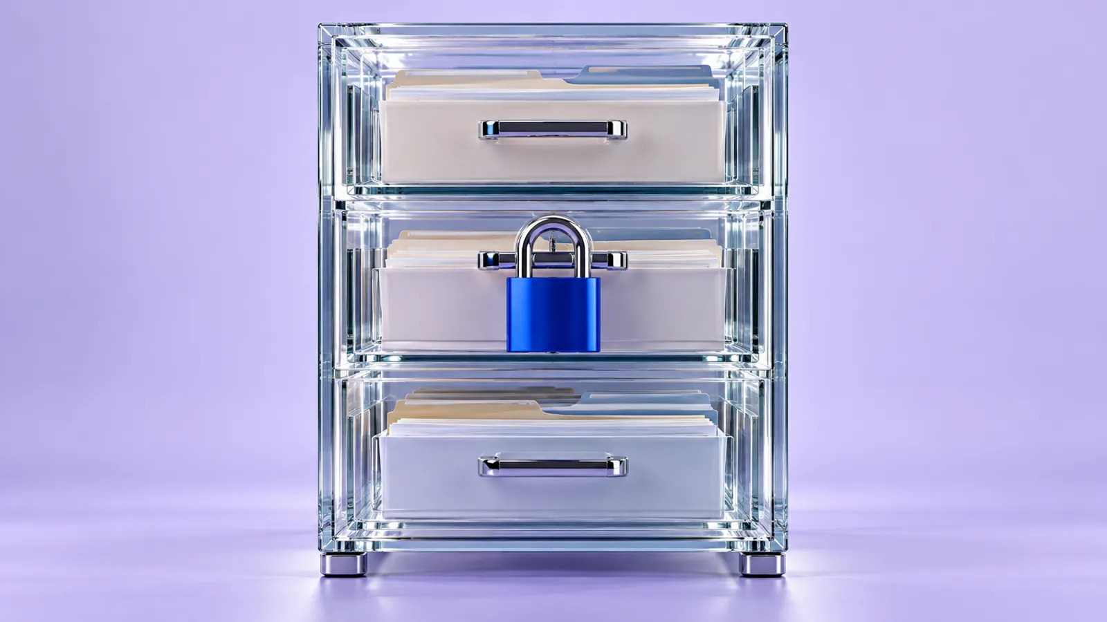 Transparent three-drawer filing cabinet secured with a blue padlock against lavender