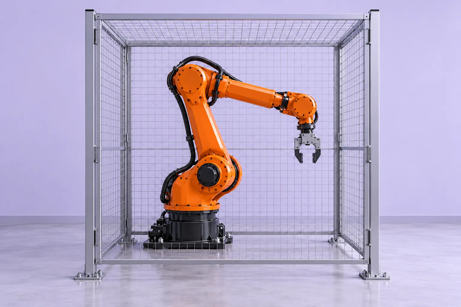 Orange industrial robot arm contained inside a wire safety enclosure