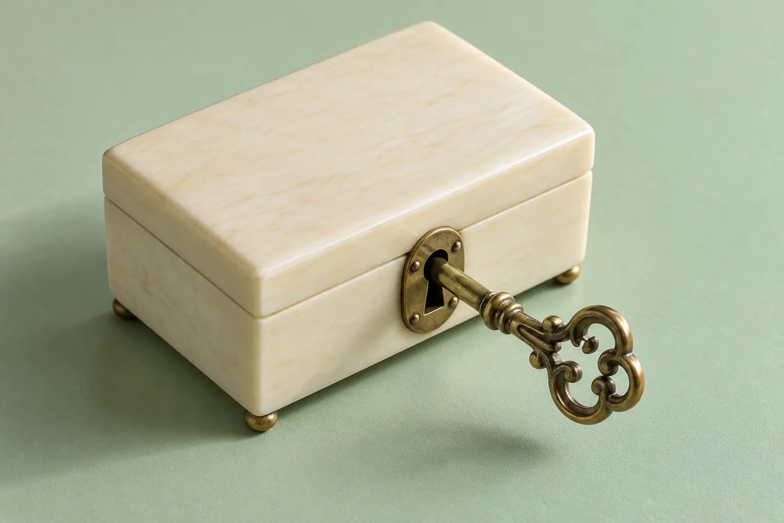 Ornate brass key in a closed ivory lockbox on a pale green surface