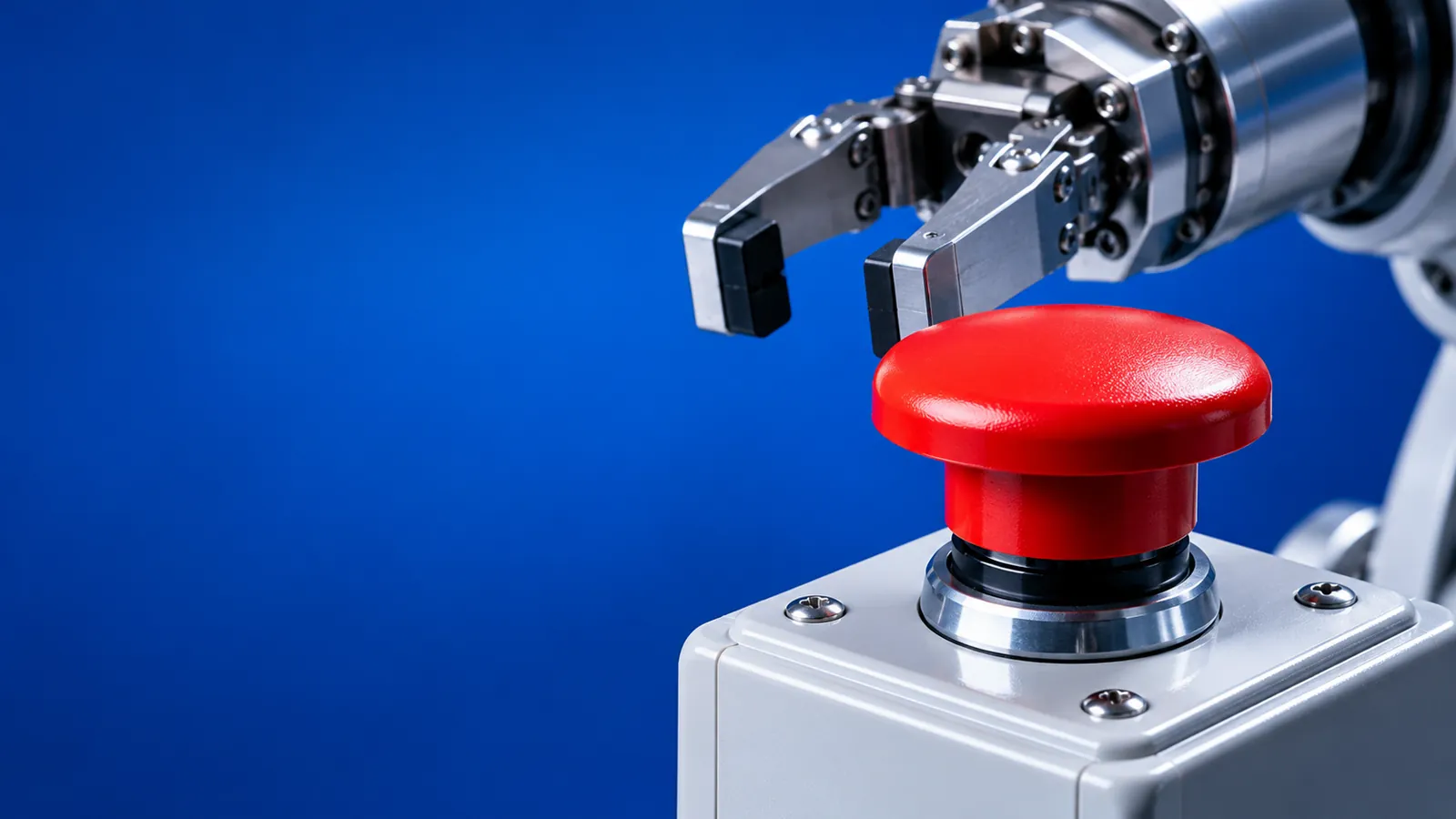 Red emergency stop button beneath a silver robot gripper against a cobalt blue background