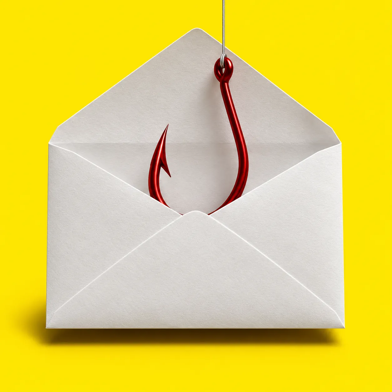 Red fishing hook inside an open white envelope against a yellow background