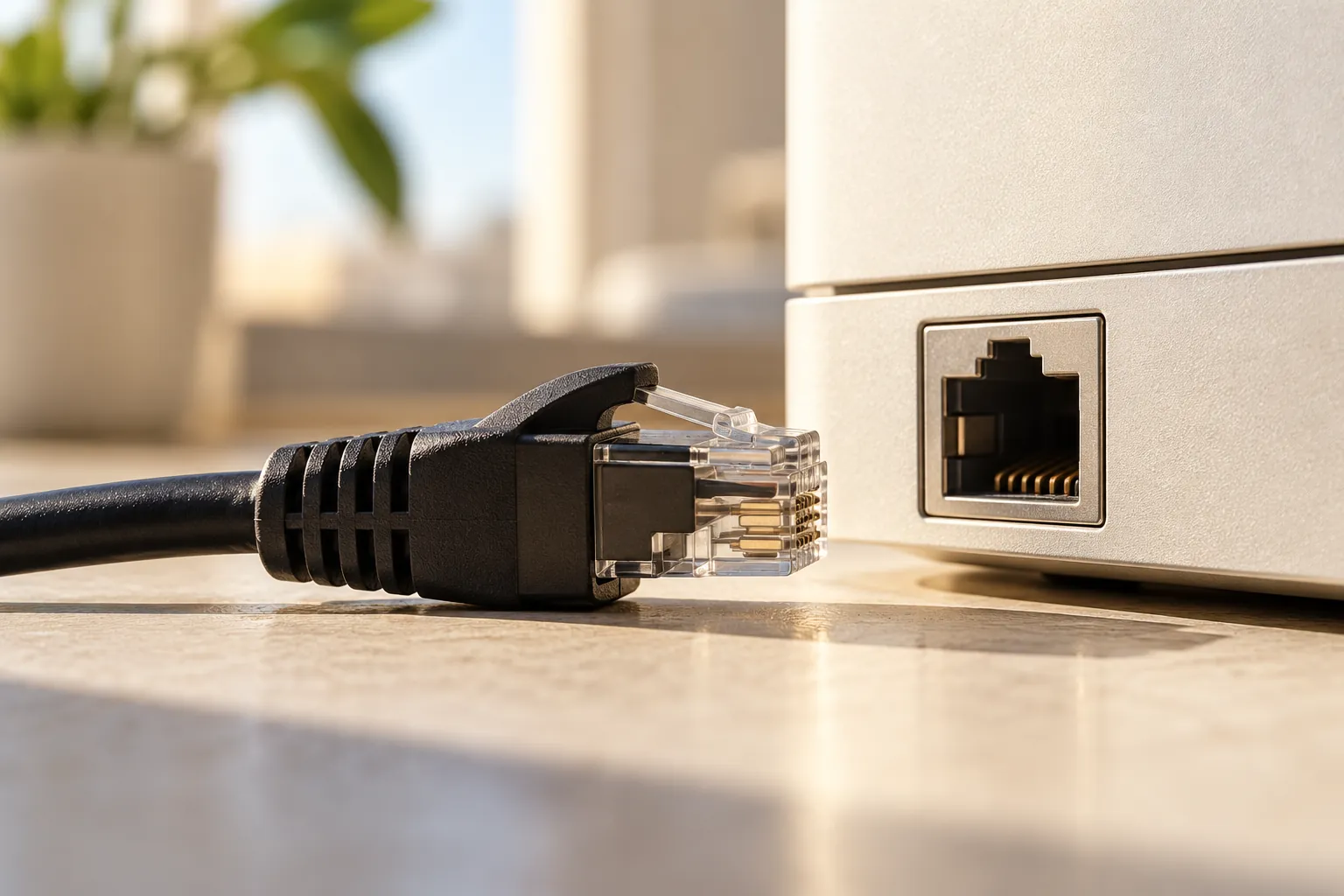 Unplugged black network cable beside an empty socket on a cream computer