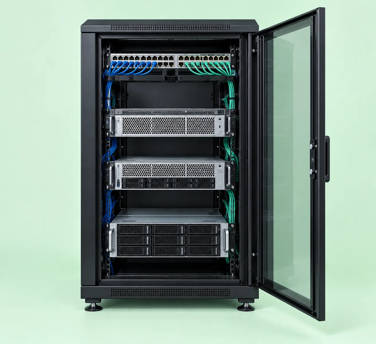 Open black server cabinet containing servers and neatly arranged network cables against a mint green background