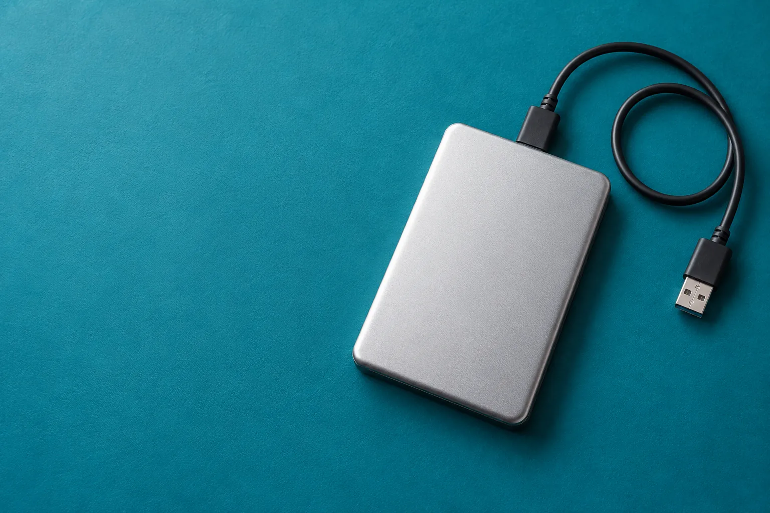Silver external hard drive with a curled black USB cable on a turquoise surface