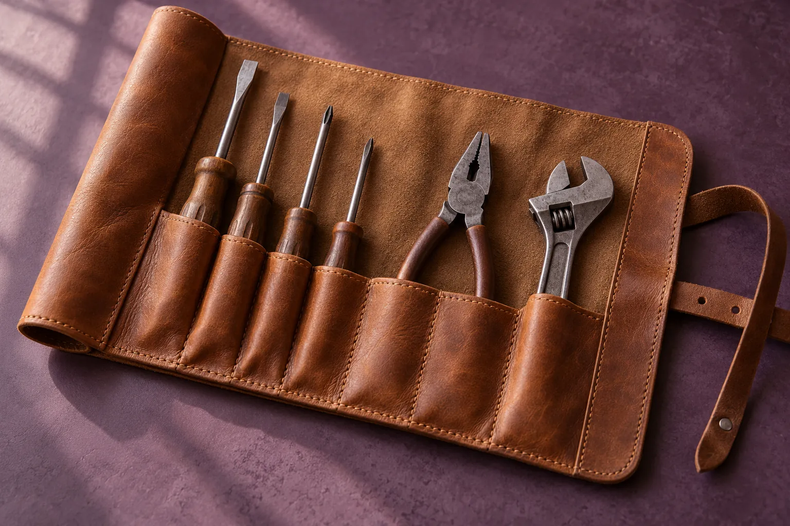 Tan leather tool roll holding screwdrivers, pliers and an adjustable spanner on a plum surface