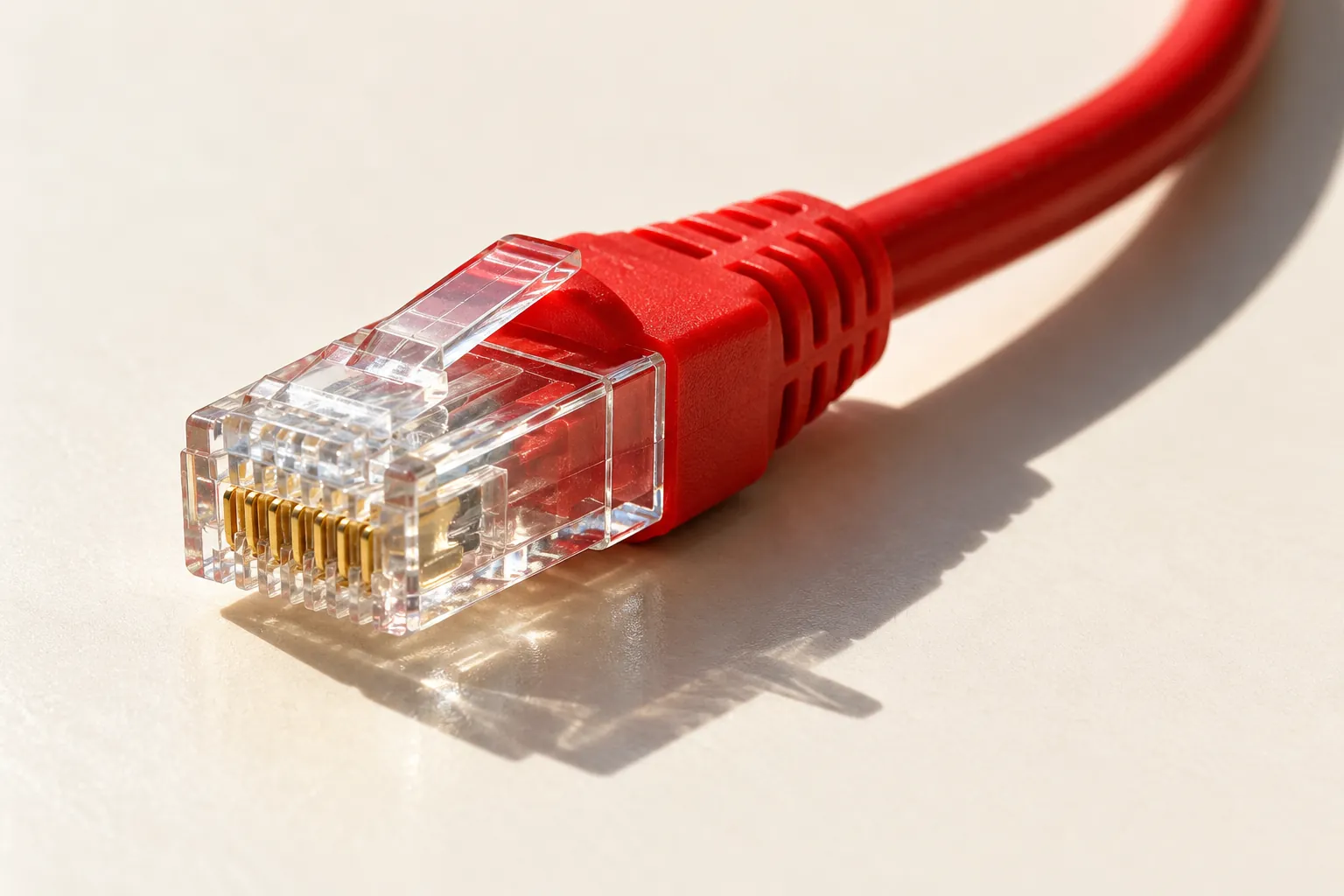 Unplugged red Ethernet cable with a clear connector on a sunlit ivory surface