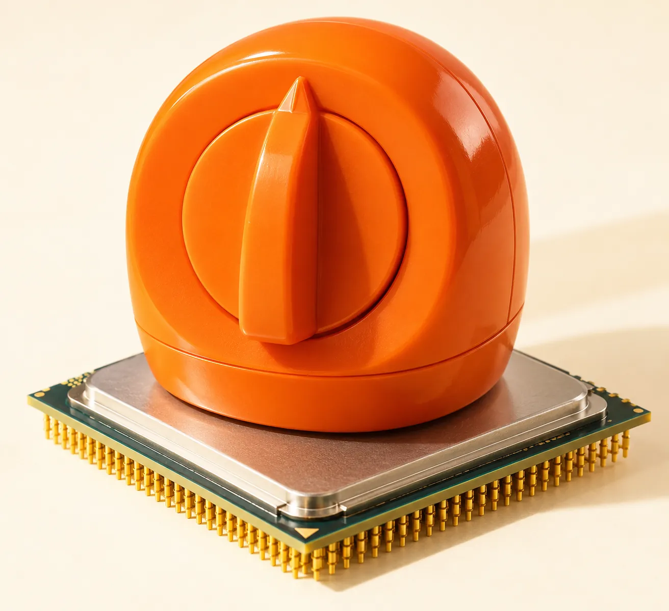 Orange kitchen timer resting on a gold-pinned computer processor against an ivory background