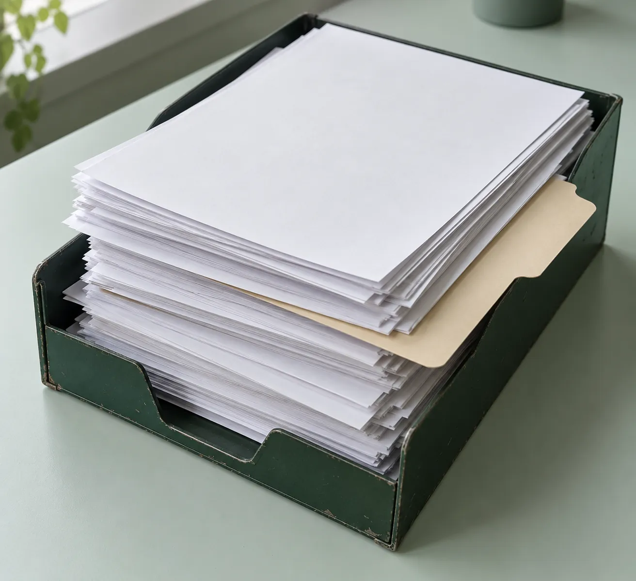 Green office in-tray stacked with blank papers and a folder on a pale green desk