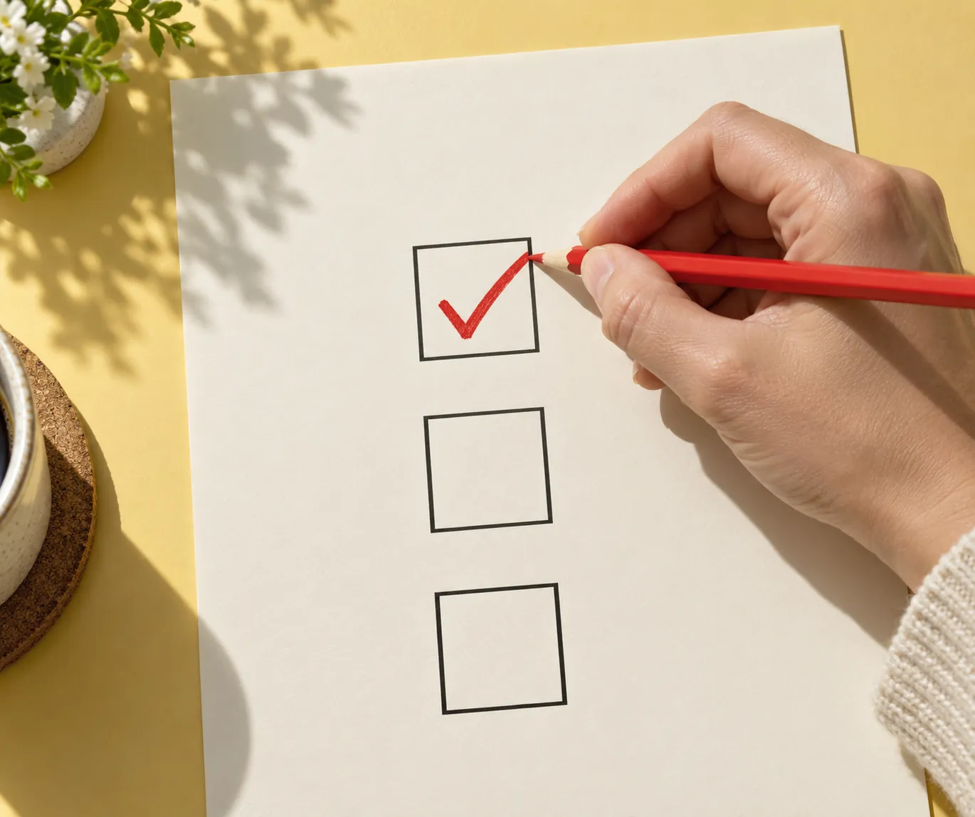 Hand using a red pencil to tick a square checkbox on blank paper on a yellow desk