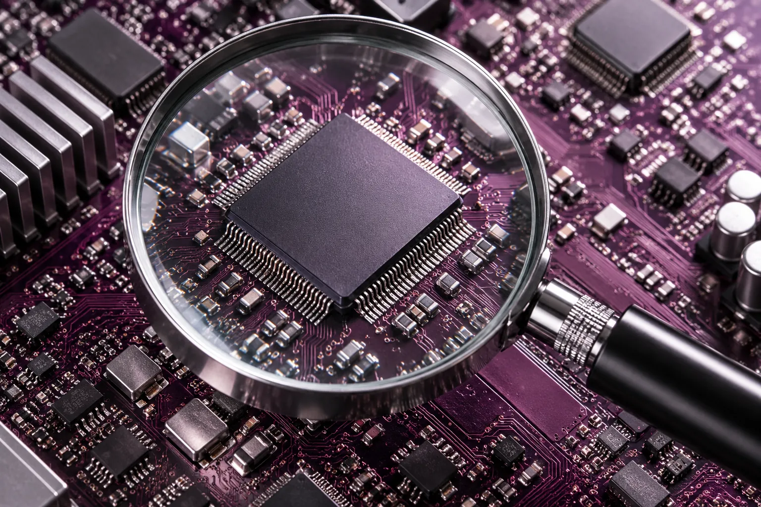 Magnifying glass enlarging a silicon chip on a purple circuit board