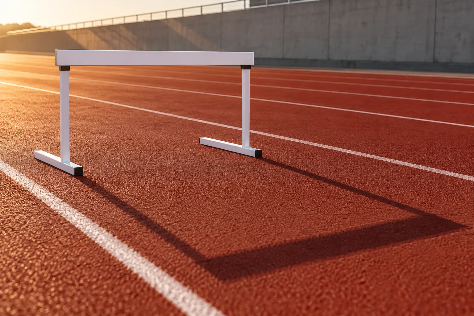 White athletics hurdle on a red running track in low golden sunlight