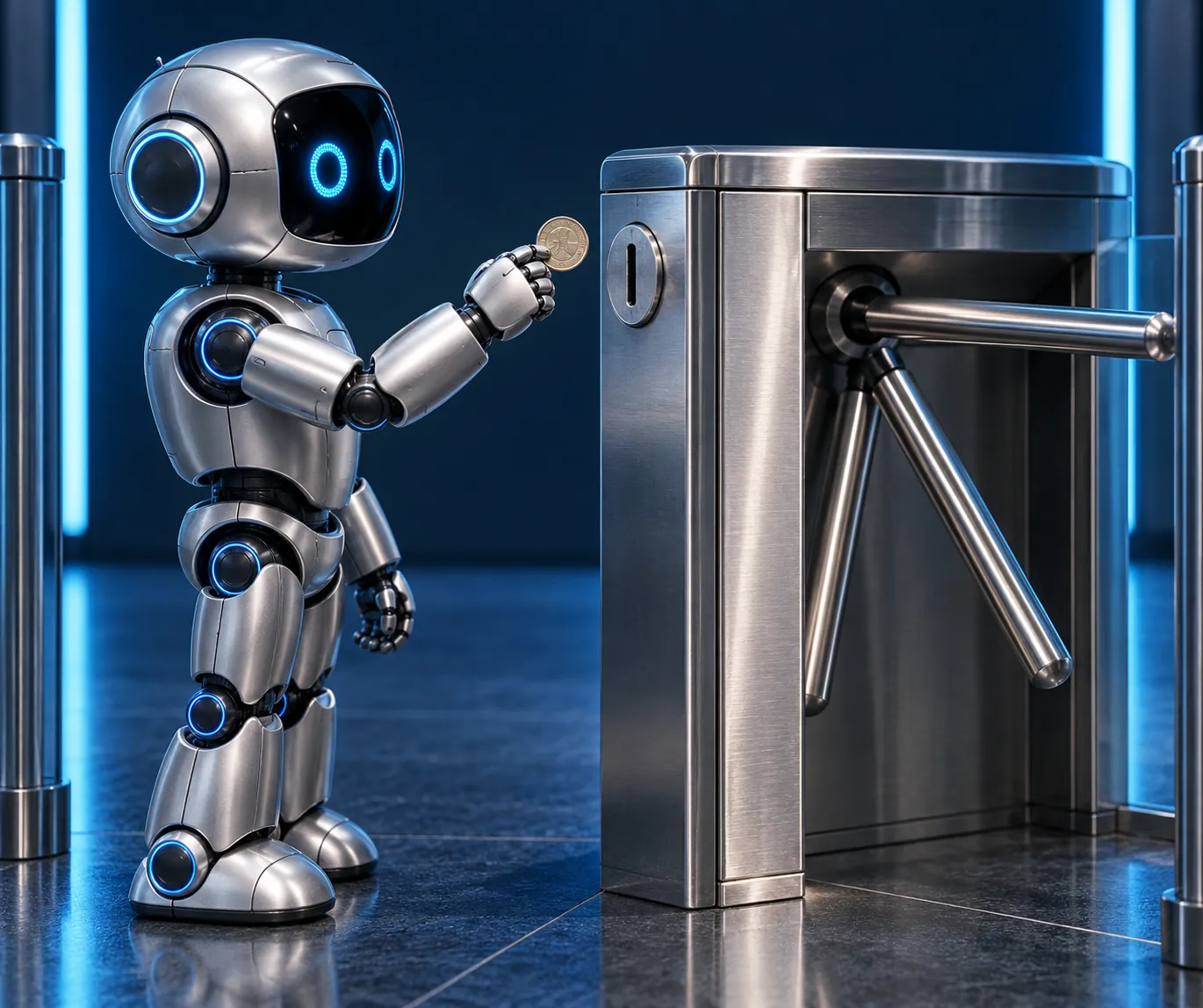 Silver robot holding a coin beside a steel turnstile under blue lighting