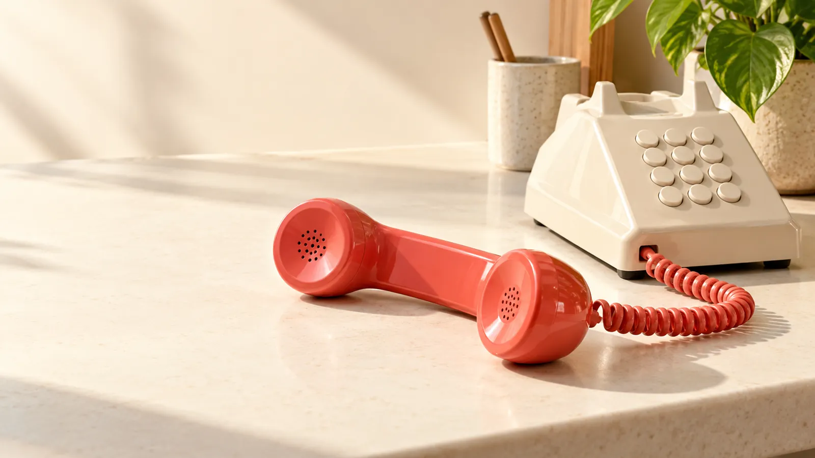 Coral telephone handset off the hook beside a cream desk phone in warm sunlight