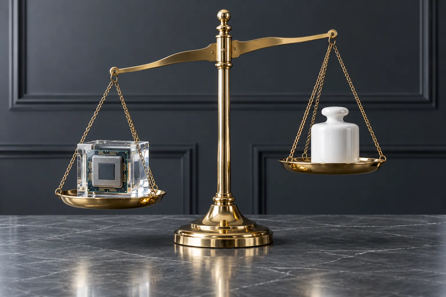 Brass balance scale weighing a processor cube against an unmarked white weight