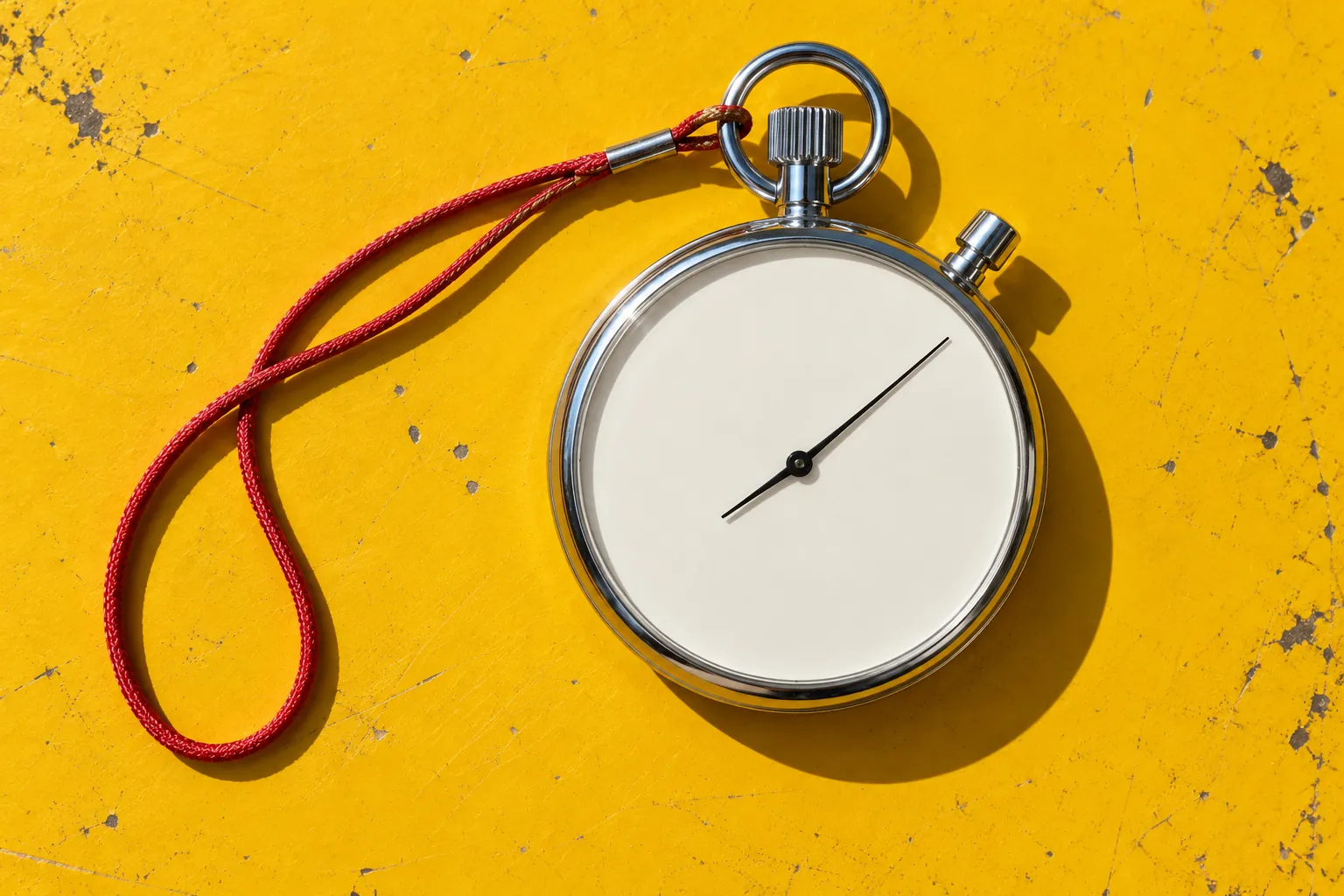 Chrome stopwatch with an unmarked face and red cord on a yellow workbench