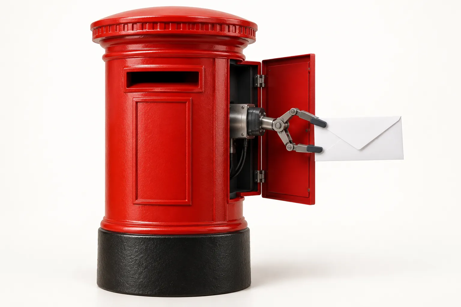 Mechanical gripper extending a blank envelope from an open red postbox