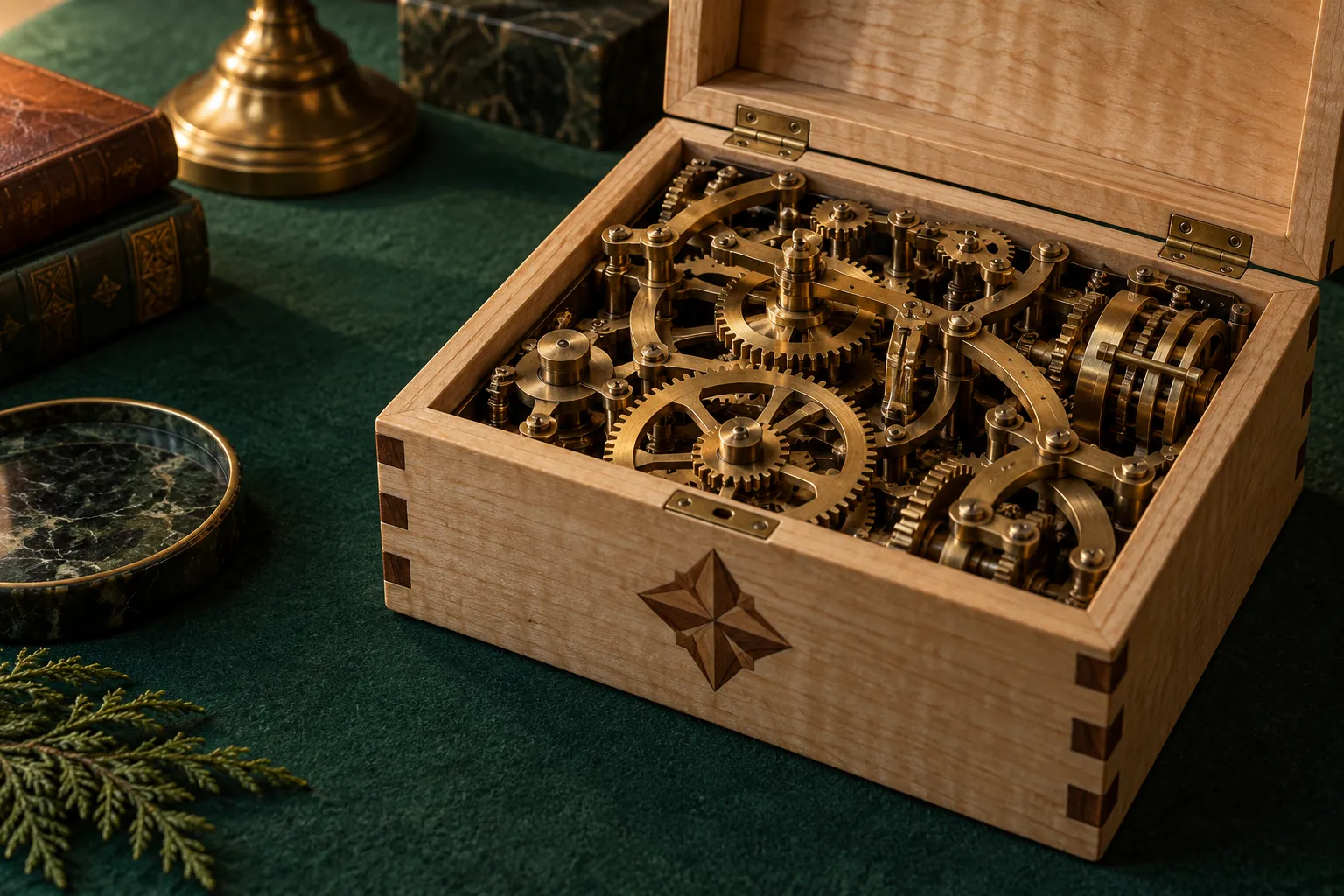Open wooden puzzle box exposing intricate brass gears on green felt