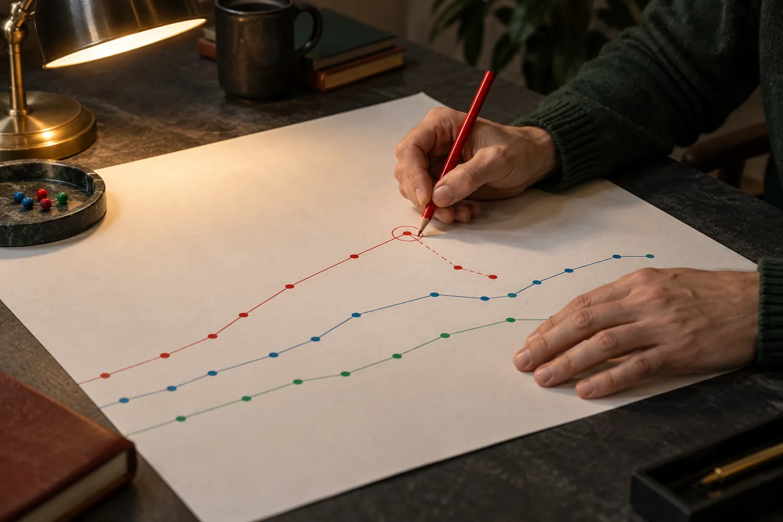 Hands revising an unlabelled line chart with a red pencil