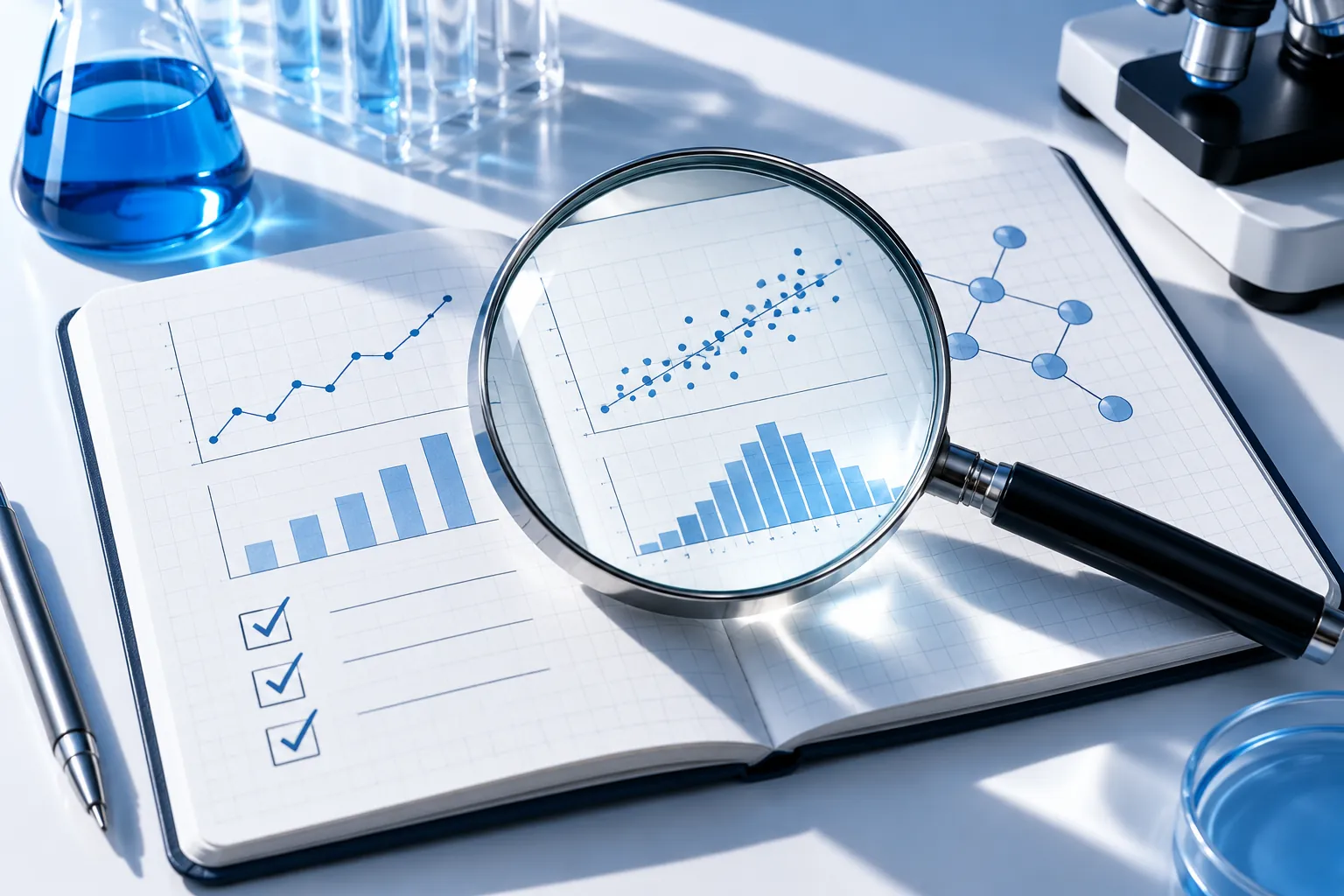 Magnifying glass over unlabelled research charts in a bright blue laboratory
