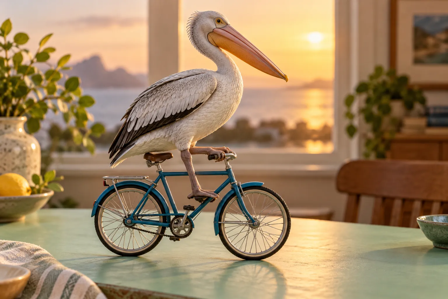 Pelican balanced on a miniature blue bicycle in warm evening light