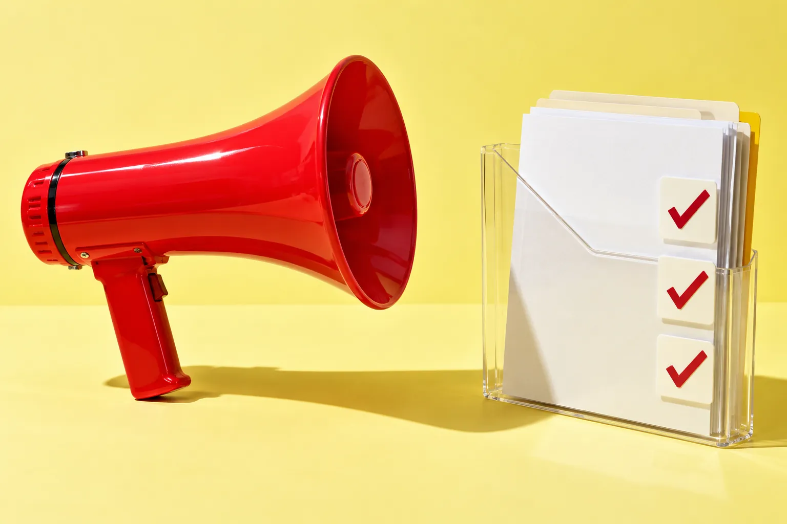 Red megaphone facing a clear folder of blank evidence sheets