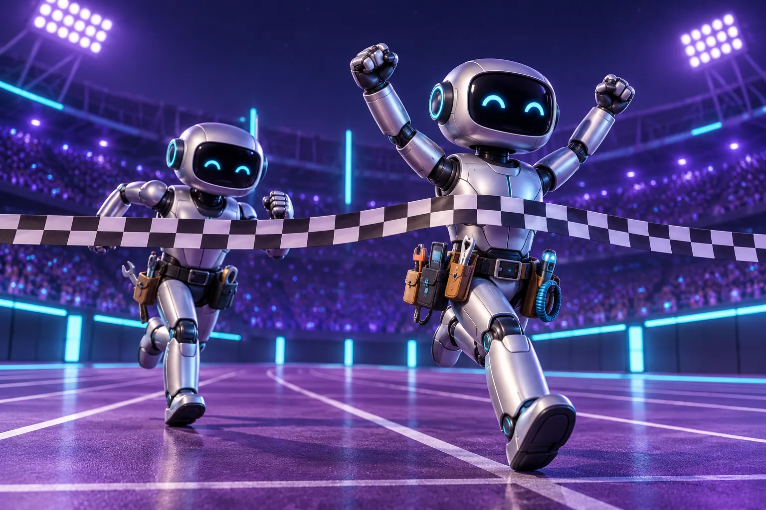 Two silver robots with different tool belts crossing a finish line