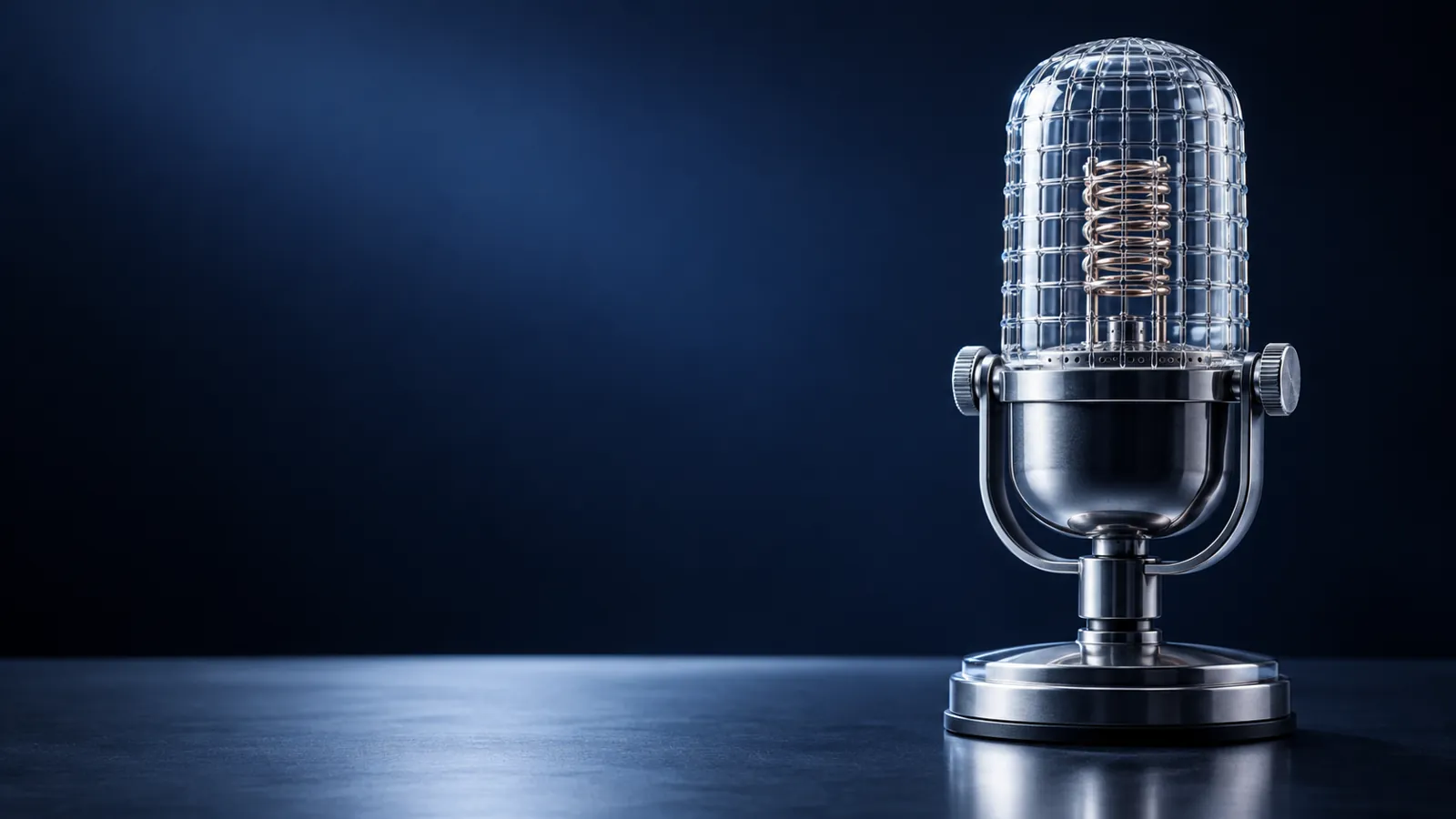 Transparent vintage microphone with a visible internal coil against a navy background