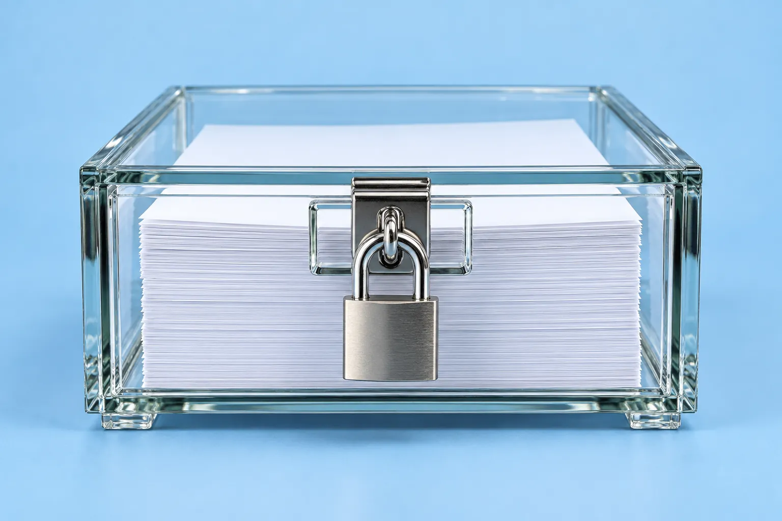 Clear glass file box holding white papers and secured with a silver padlock