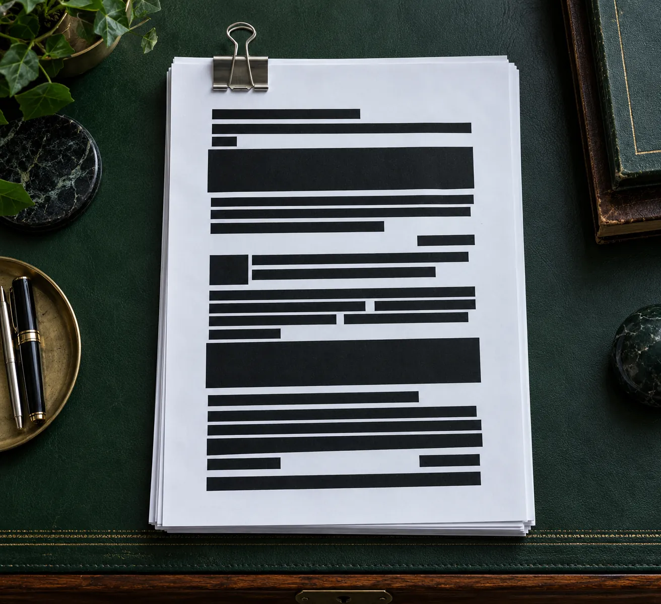 Clipped white document covered in black redaction bars on a dark green desk