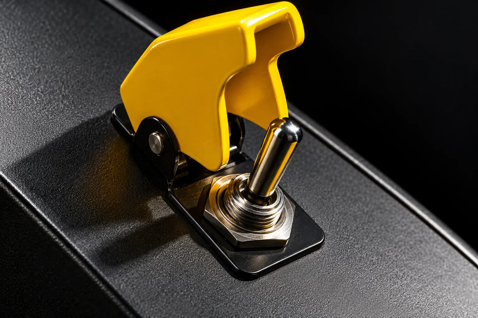 Metal toggle switch with an open yellow safety guard on a black panel