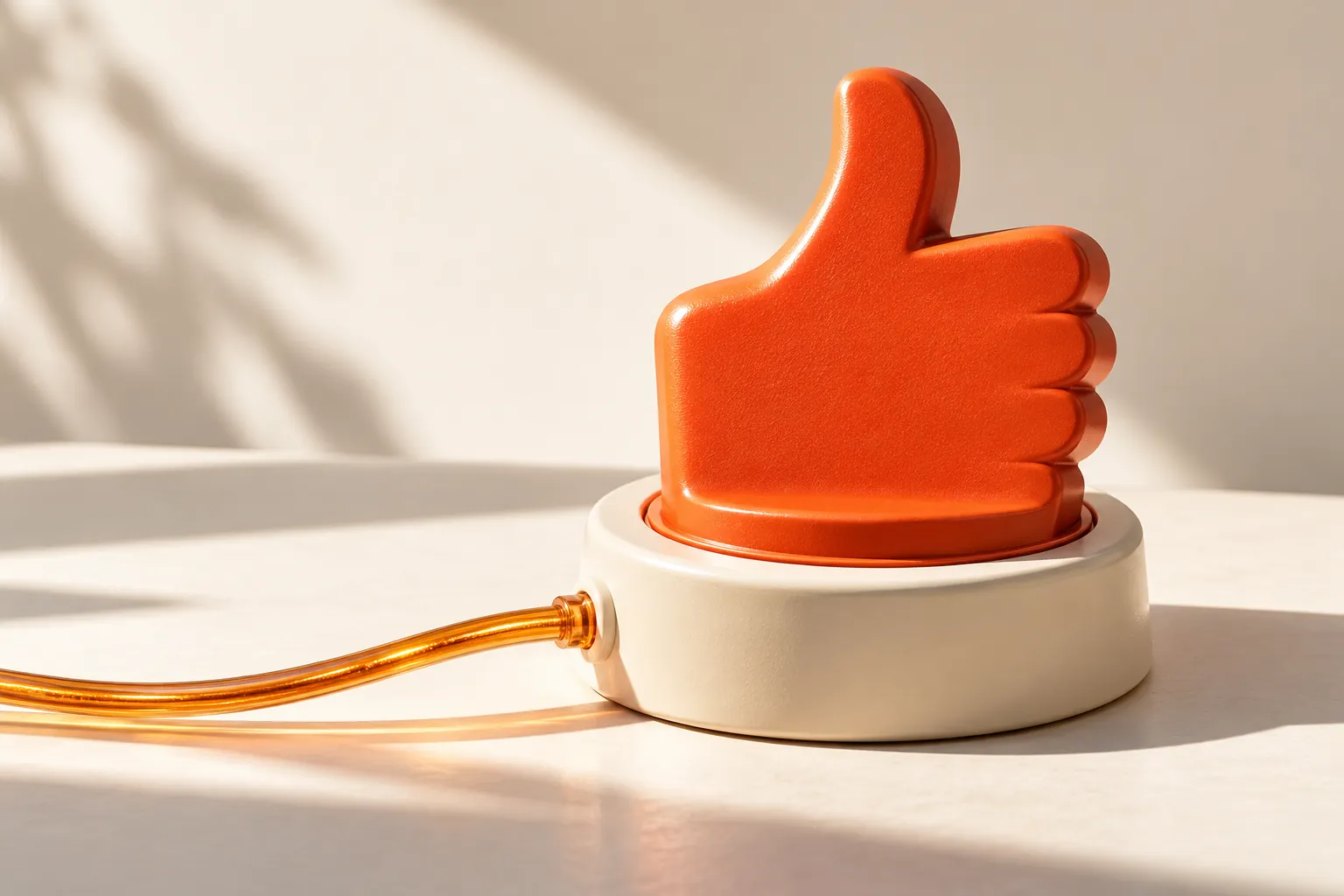 Orange thumbs-up button on a cream pedestal with an amber cable in warm sunlight