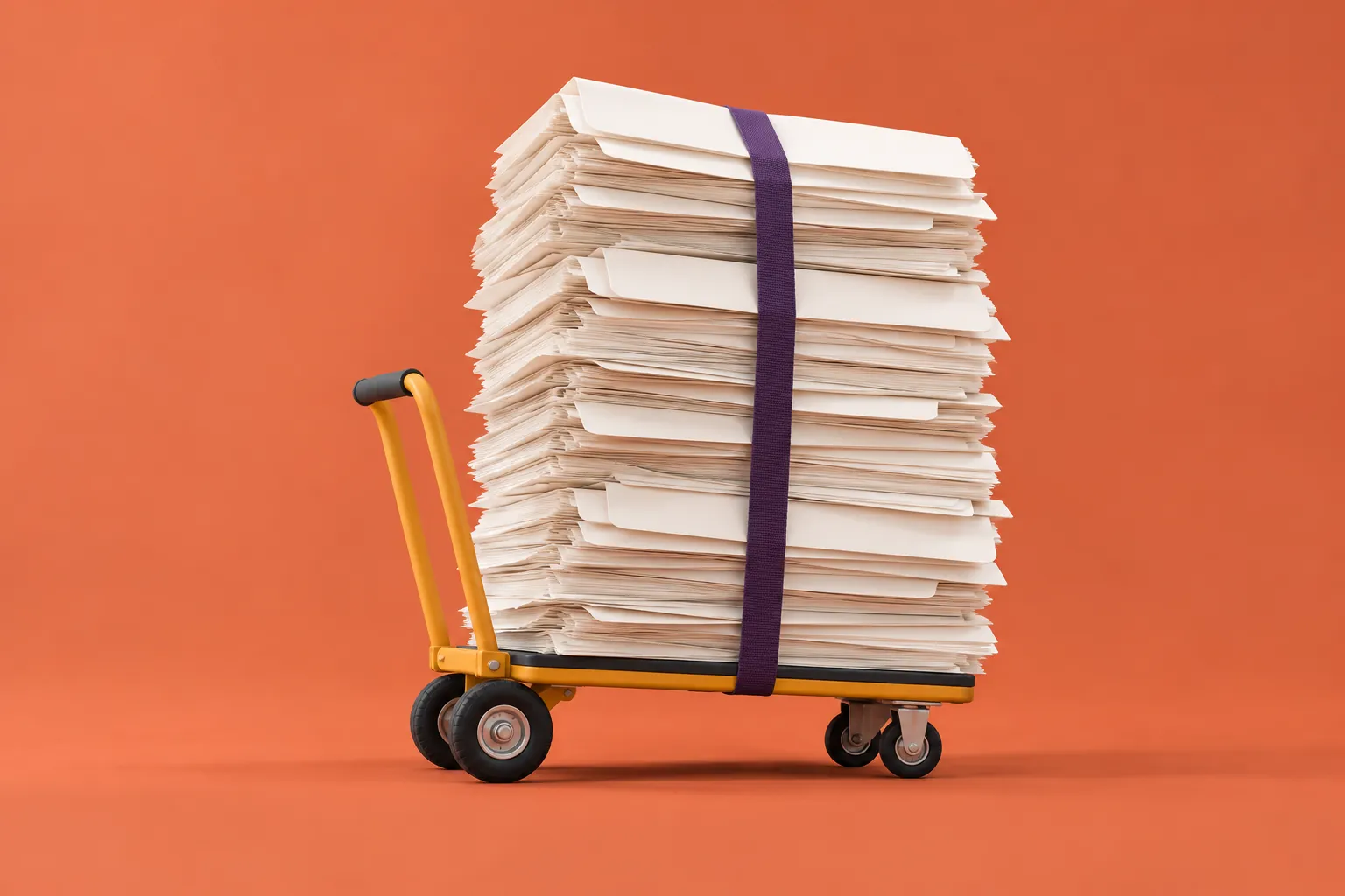 Small delivery trolley carrying an oversized stack of blank folders held by a purple strap