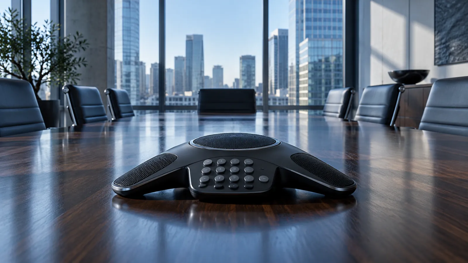 Black conference speakerphone on a dark boardroom table in cool blue daylight