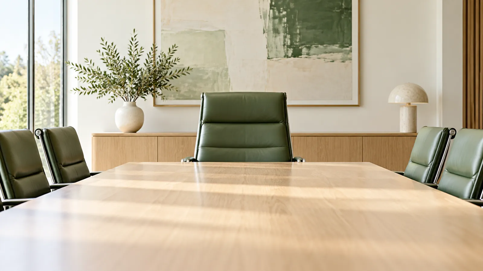 Empty green leather chair at the head of a pale wood meeting table