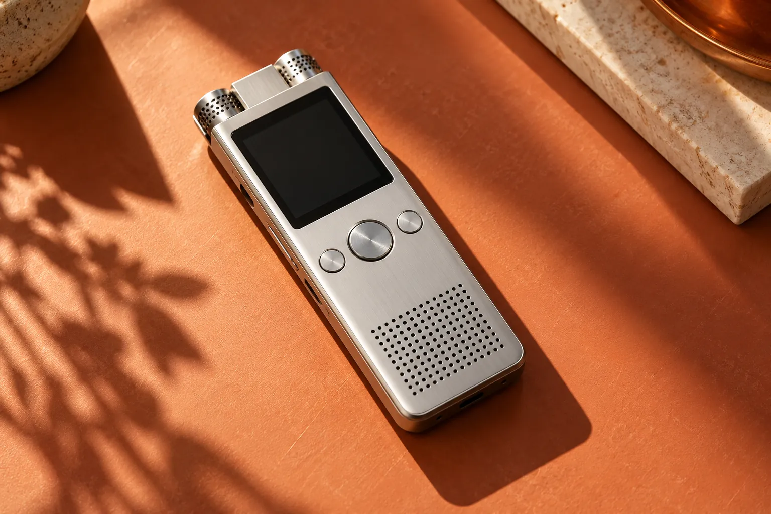 Silver digital voice recorder on a terracotta desk in warm sunlight
