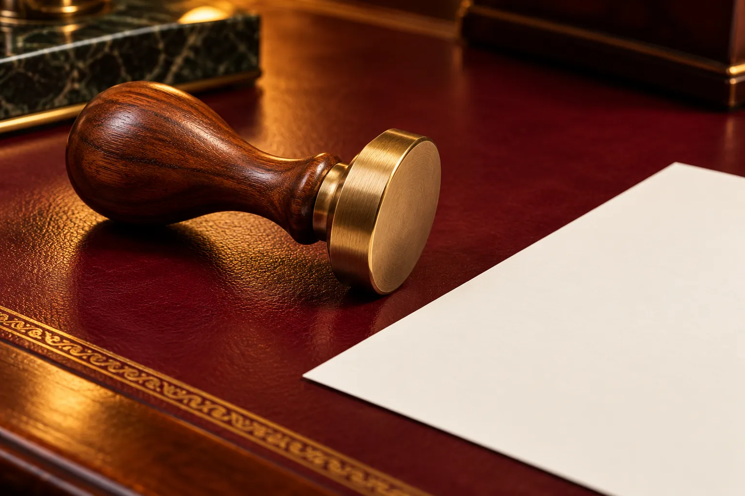Wooden-handled brass stamp beside a blank sheet on a burgundy desk
