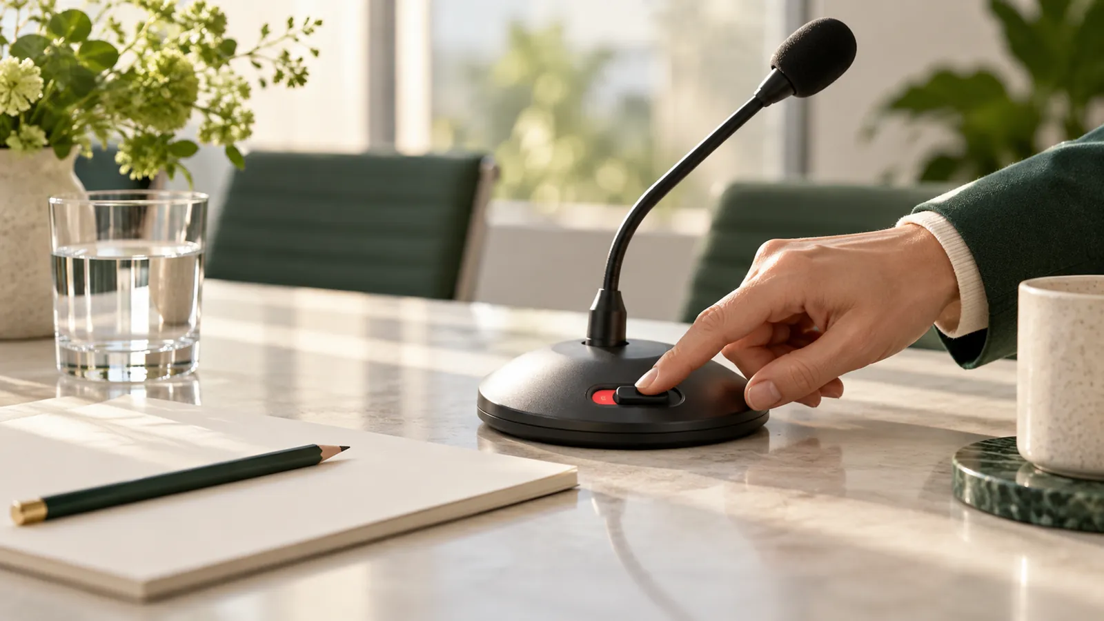 Hand switching off a conference table recording microphone