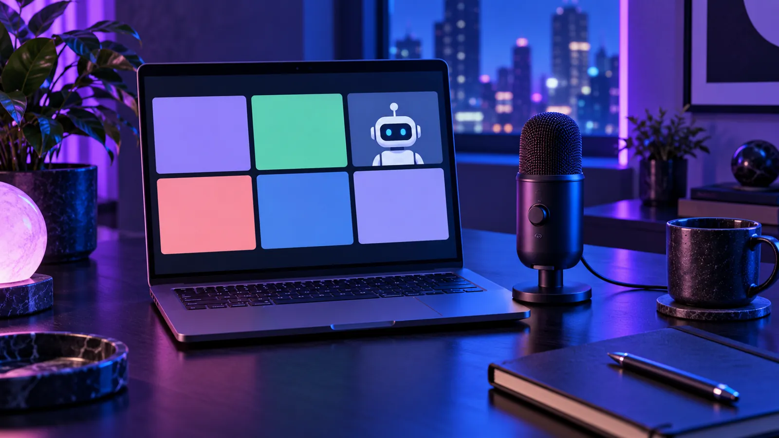 Laptop video meeting grid with an AI robot participant and microphone