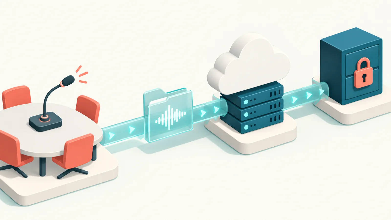 Meeting audio file moving through cloud servers into a locked archive