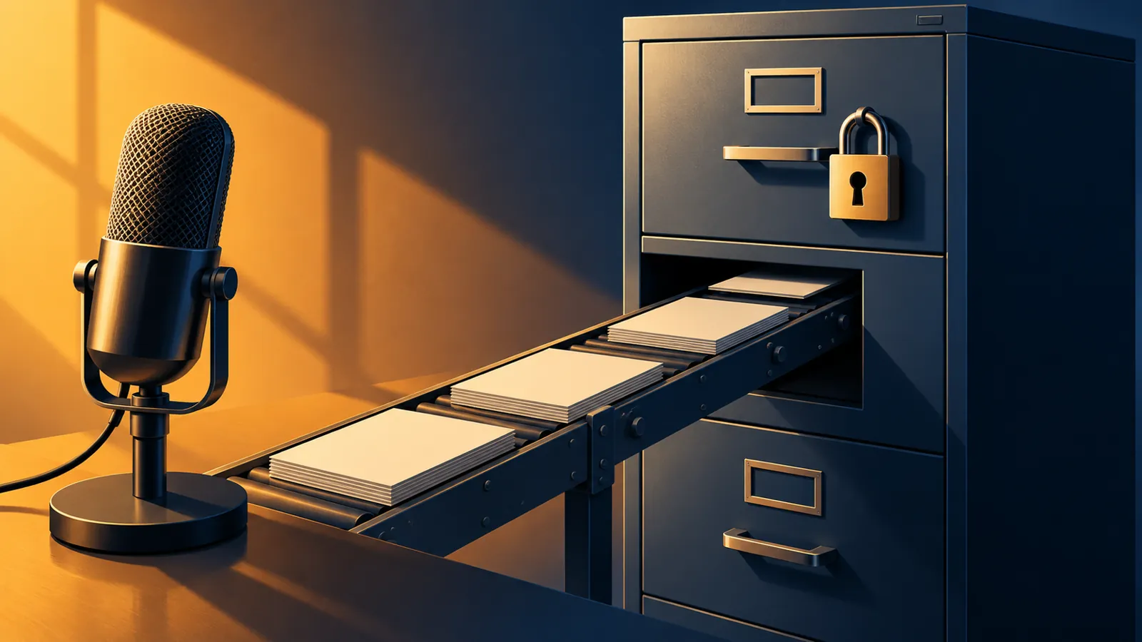 Microphone feeding paper records into a locked filing cabinet