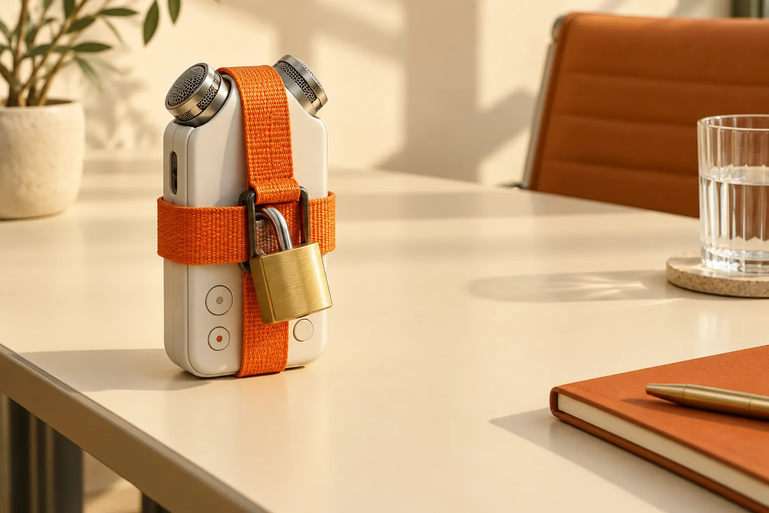 Cream audio recorder secured with an orange strap and brass padlock on a sunlit conference table